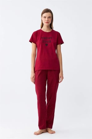 Kadın Bordo Kalp Desenli Kısa Kollu Penye Pijama Takımı