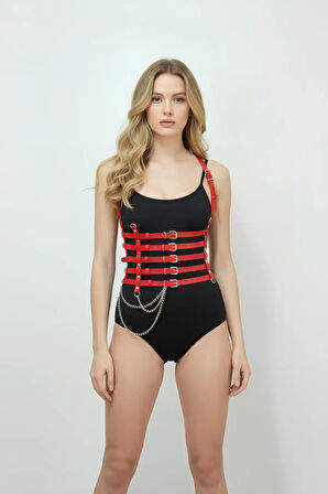 Zincir Detaylı 5 Sıralı Kırmızı Deri Kemer, Deri Korse Kemer - APFT626