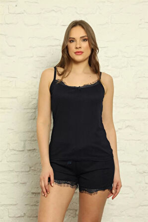 Kadın İp Askılı Şortlu Pijama Takım Lacivert