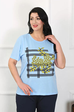 Kadın Büyük Beden Mavi Pijama Takımı