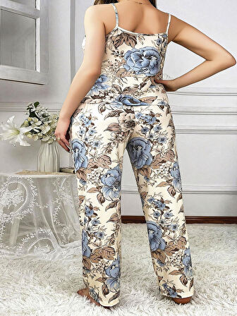  Büyük Beden Mavi Çiçek Desenli İnce Askılı 2'li Saten Pijama