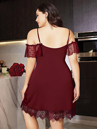 Büyük Beden Bordo Dantel İşlemeli İnce Askılı Gecelik