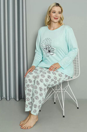 Kadın Büyük Beden Penye Uzun Kol Pijama Takım Su Yeşili