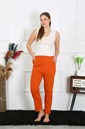 Kadın Pamuk Cepli 3 İplik Alt Eşofman Kiremit