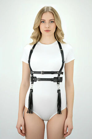 Püskül Detaylı Omuzdan Askılı Elbise Üzeri Şık Deri Bel Korse Kemer APFT638