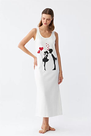 Kadın Kalın Askılı Penye Uzun Ekru Gecelik