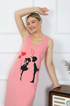 Kadın Kalın Askılı Penye Uzun Pembe Gecelik