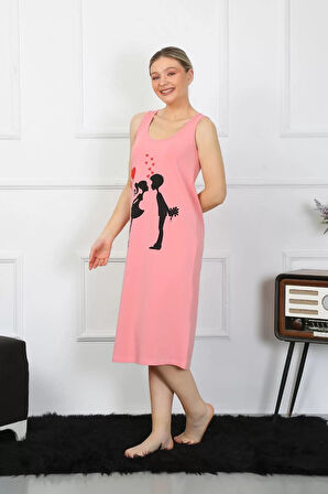 Kadın Kalın Askılı Penye Uzun Pembe Gecelik