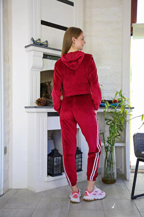 Kadın Kadife Kapşonlu Eşofman Takım Bordo