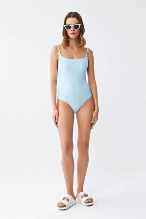 Kadın Buz Mavisi İnce Askılı Düz Tek Parça Mayo