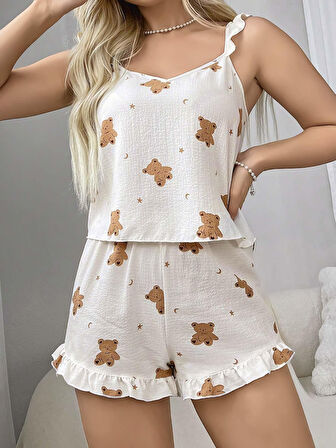 Pamuklu Ayıcık Desen Fırfırlı Askılı Şortlu Pijama Takımı