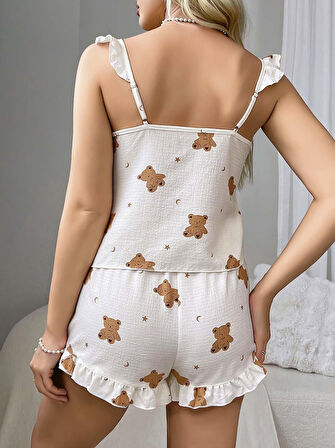 Pamuklu Ayıcık Desen Fırfırlı Askılı Şortlu Pijama Takımı