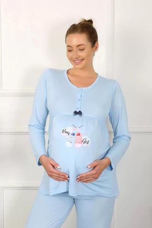 Kadın Uzun Kol Hamile Lohusa Pijama Takımı Mavi
