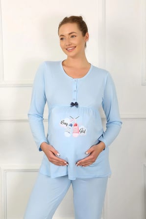 Kadın Uzun Kol Hamile Lohusa Pijama Takımı Mavi