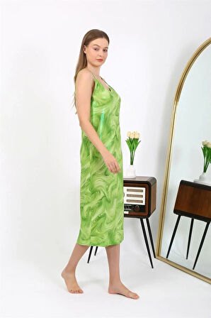 Kadın İp Askılı Uzun Parlak Micro Elbise Gecelik Yeşil