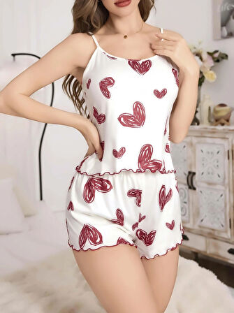 Kadın Beyaz Kalp desenli Şortlu Gecelik Pijama Takımı 5052
