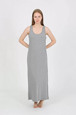 Kadın Kalın Askılı Yırtmaçlı Uzun Gri Gecelik