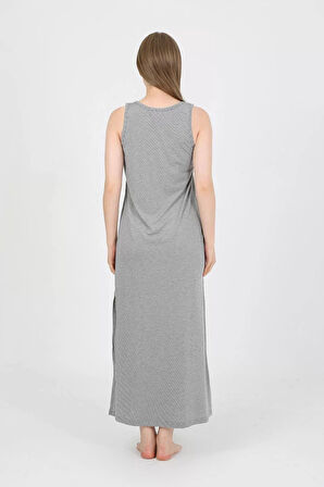 Kadın Kalın Askılı Yırtmaçlı Uzun Gri Gecelik