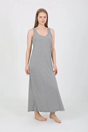 Kadın Kalın Askılı Yırtmaçlı Uzun Gri Gecelik