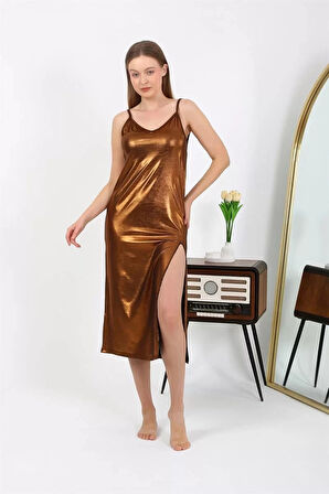 Kadın İp Askılı Uzun Parlak Micro Elbise Gecelik Kahverengi