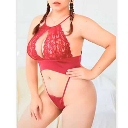 Büyük Beden  Kırmızı Dantelli Bodysouit CK279255-B