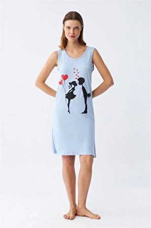 Kadın Kalın Askılı Penye Diz Üstü Mavi Gecelik