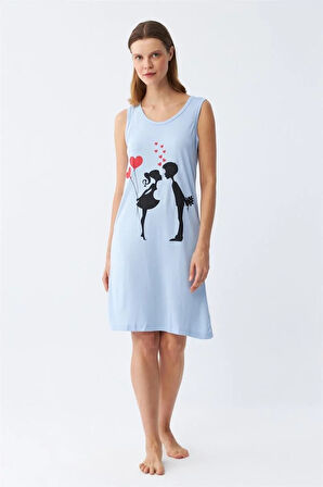 Kadın Kalın Askılı Penye Diz Üstü Mavi Gecelik