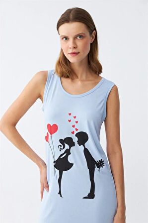 Kadın Kalın Askılı Penye Diz Üstü Mavi Gecelik