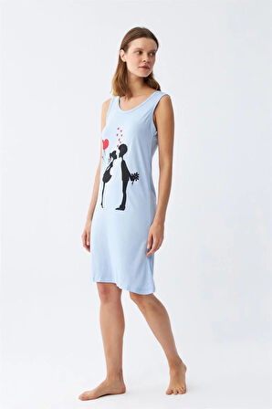 Kadın Kalın Askılı Penye Diz Üstü Mavi Gecelik