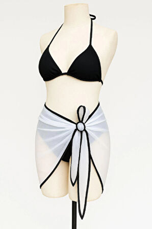 Kadın Siyah Beyaz Pareolu Yandan ve Boyundan Bağlamalı 3'lü Bikini Takımı