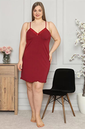 Kadın Pamuklu İp Askılı Büyük Beden Gecelik Bordo
