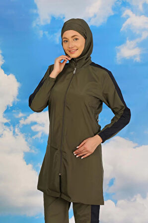 Kadın Pantolonlu Kolu Şeritli Tam Tesettür Mayo Haki