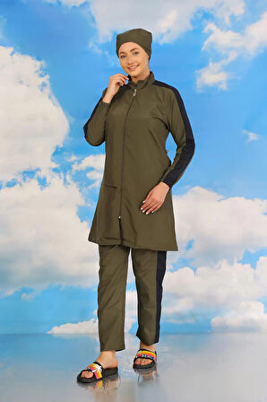 Kadın Pantolonlu Kolu Şeritli Tam Tesettür Mayo Haki