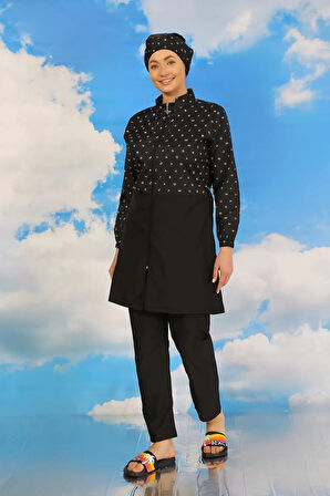 Kadın Pantolonlu Desenli Tam Tesettür Mayo Siyah