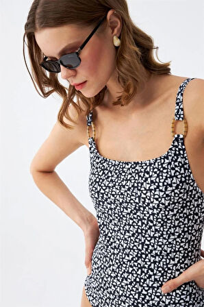 Kadın Lacivert Geometrik Desenli Aksesuar Askılı Tek Parça Mayo