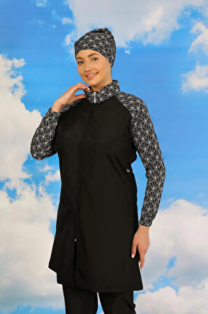 Kadın Pantolonlu Desenli Tam Tesettür Mayo Siyah