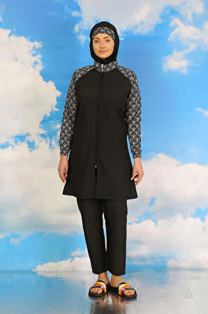 Kadın Pantolonlu Desenli Tam Tesettür Mayo Siyah