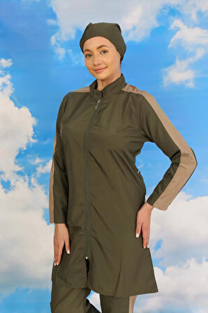 Kadın Pantolonlu Kolu Şeritli Tam Tesettür Mayo Haki