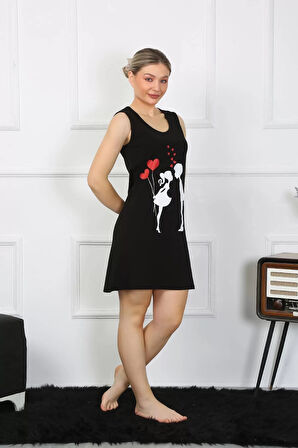 Kadın Kalın Askılı Penye Diz Üstü Siyah Gecelik