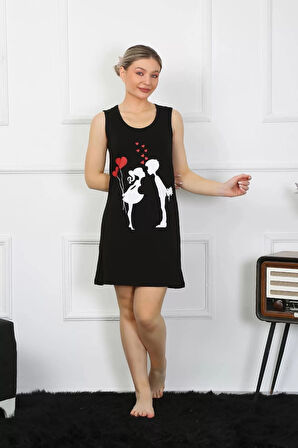 Kadın Kalın Askılı Penye Diz Üstü Siyah Gecelik