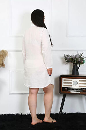 Kadın Büyük Beden Pamuk Dokuma Düğmeli Uzun Kol Ekru Tunik Gecelik