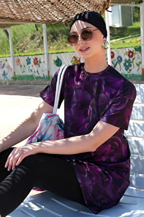 Kısa Kol Güllü Yarım Tesettür Mayo Mor