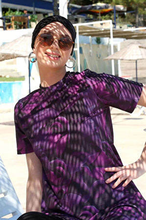 Kısa Kol Güllü Yarım Tesettür Mayo Mor