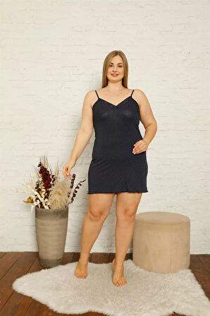 Kadın Pamuklu İp Askılı Büyük Beden Gecelik Lacivert