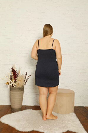 Kadın Pamuklu İp Askılı Büyük Beden Gecelik Lacivert