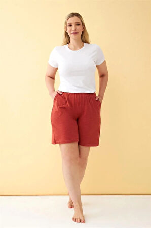 Kadın Kiremit Rengi Rahat Kalıp Cepli Şort