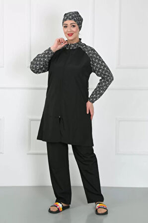 Büyük Beden Desenli Tesettür Mayo Siyah