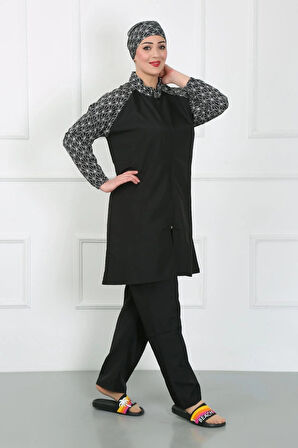 Büyük Beden Desenli Tesettür Mayo Siyah