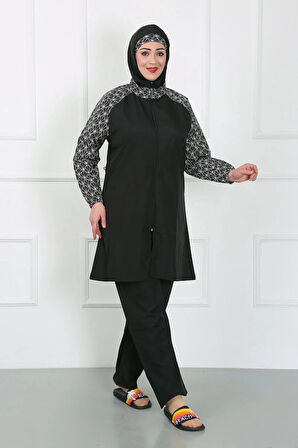 Büyük Beden Desenli Tesettür Mayo Siyah