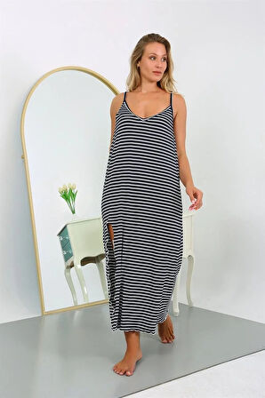 Kadın Büyük Beden İp Askılı Pamuklu Uzun Gecelik